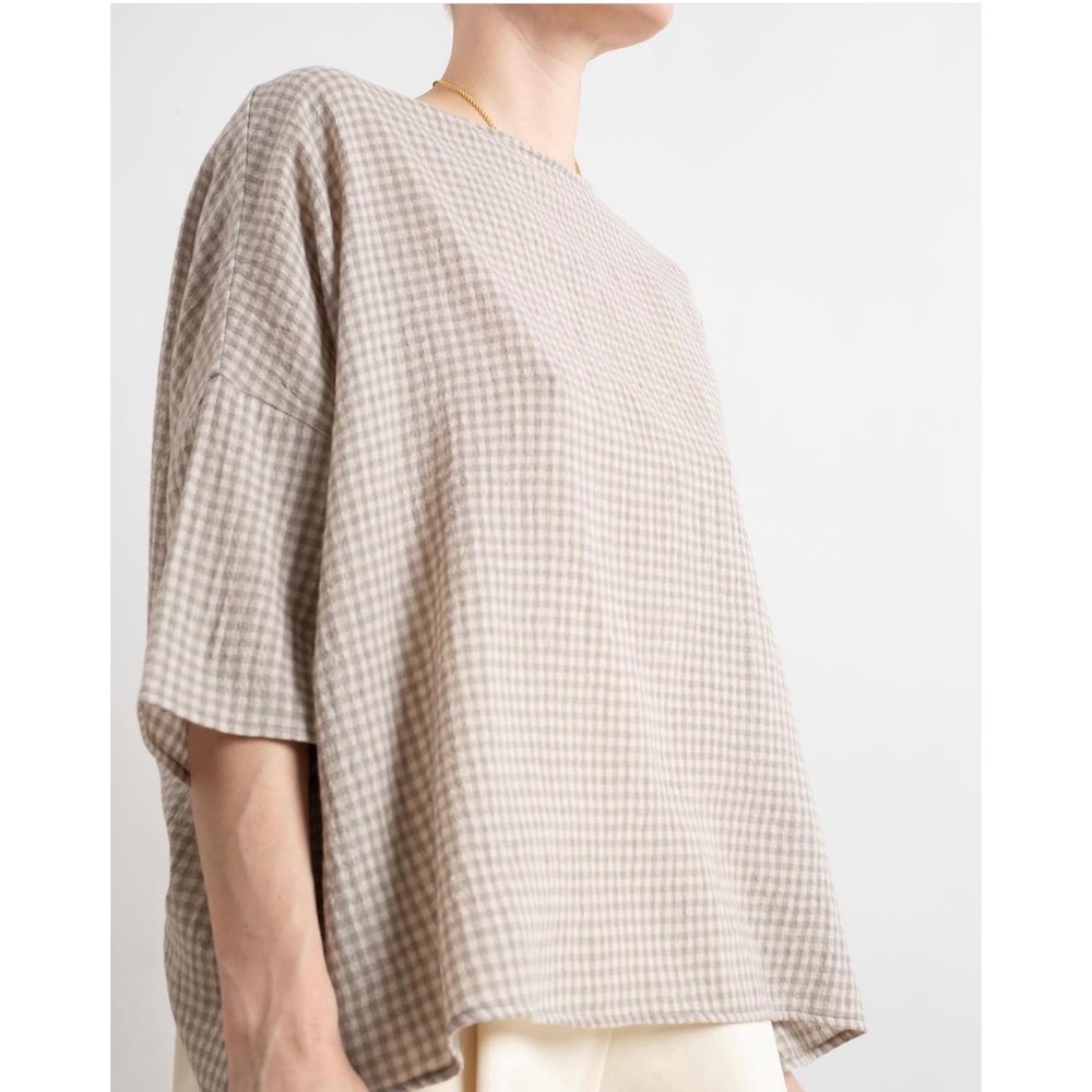 apuntob Gingham Check Oversized Boxy Top Beige Cream Stretch Cotton Crew Neck M